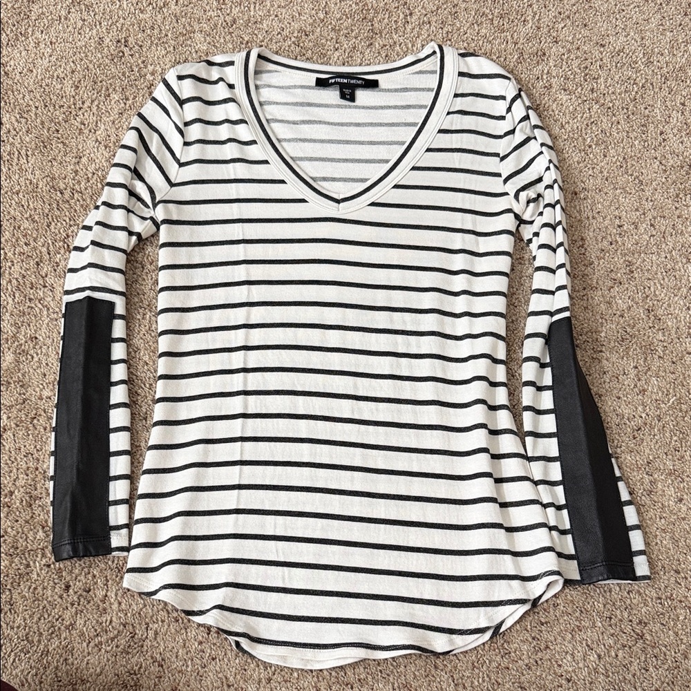 Fifteen Twenty Striped Long Sleeve Top with 100% Lamb Leather Detail on Sleeves